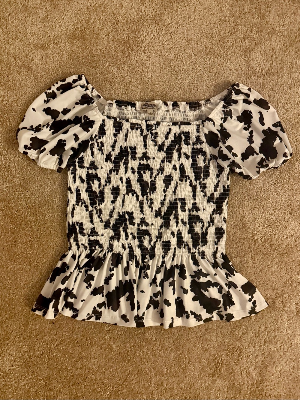 Smocked Puff Sleeve Peplum Top - 🐮 Cow Print Dark Brown, Black & White
